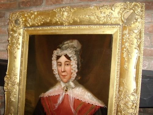 fig 4. PAIR OF VICTORIAN OIL ON CANVAS PORTRAITS OF AN  ENGLISH GENTLEMAN & LADY IN AMAZING  ORIGINAL GILT FRAMES  C1800-1840  43 INCHES X 38 INCHES                            