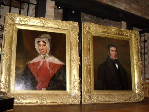 Pair of Victorian Oil on Canvas Portraits of an  English Gentleman & Lady in Amazing  Original Gilt Frames  C1800-1840  43 Inches X 38 Inches