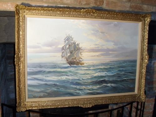 A Fine Quality Oil on Canvas of a Tea Clipper  in Full Sail by Sought After Artist " Wilfred Knox " Titled " Sunset on the Atlantic "  in Original Gilt & Plaster Frame  30 X 42 Inches 
