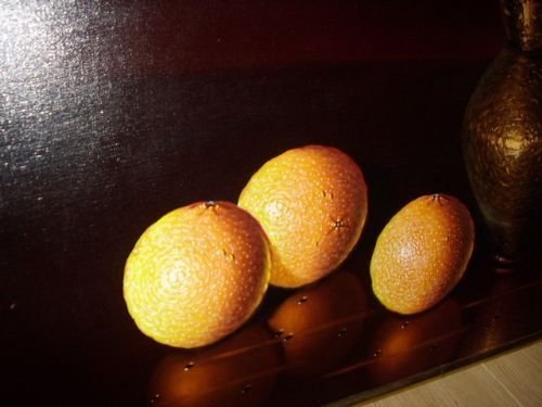 fig 1. ORIGINAL LUCIANO GUARNIERI STILL LIFE OIL ON CANVAS OF AN APPLE AND THREE ORANGES 1960