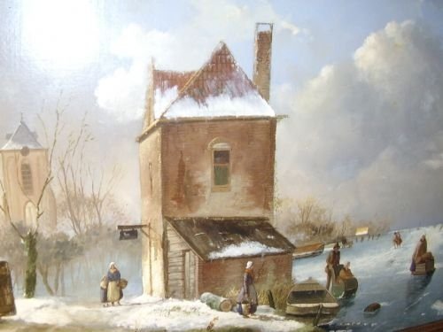 fig 1. DUTCH WINTER LANDSCAPE OIL PAINTING OF CHILDREN SKATING ON ICE BY H.W.G.WINTER.
33 X 25  INCHES
