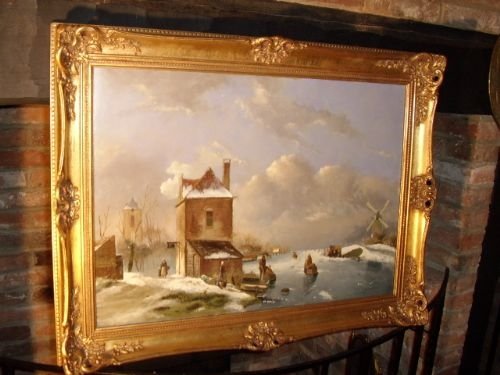 Dutch Winter Landscape Oil Painting of Children Skating on Ice by H.w.g.winter.
33 X 25  Inches
