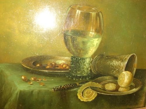 fig 1. STILL LIFE STUDY OIL ON PANEL OF WINE GLASS TABLE SETTING 11.5 X 9.5 INCHES  SIGNED STIEN 