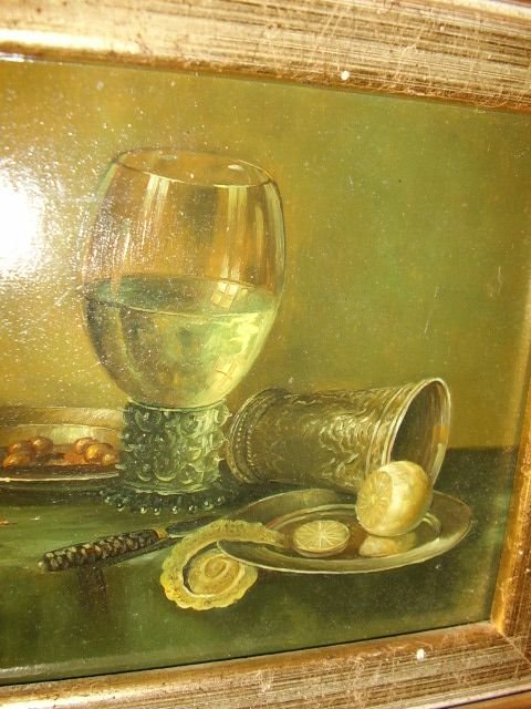 fig 2. STILL LIFE STUDY OIL ON PANEL OF WINE GLASS TABLE SETTING 11.5 X 9.5 INCHES  SIGNED STIEN 