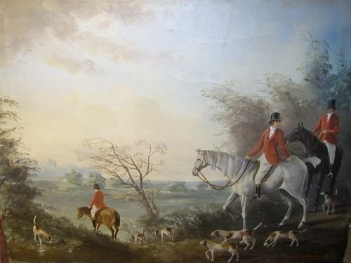 fig 1. OIL ON CANVAS OF HUNT & HOUNDS SIGNED J. RANDALL 28.5 X 24.5 INCHES