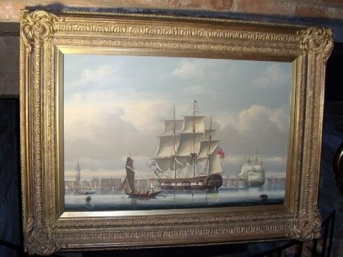 A Quality Signed Oil on Panel Depicting a British Galleon Anchored Off of Venice Italy by Salvatore Colacicco  in  Plaster & Gilt Frame Measuring 40 X 30 Inches.
