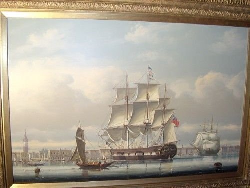 fig 1. A QUALITY SIGNED OIL ON PANEL DEPICTING A BRITISH GALLEON ANCHORED OFF OF VENICE ITALY BY SALVATORE COLACICCO IN PLASTER & GILT FRAME MEASURING 40 X 30 INCHES.