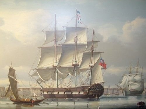 fig 2. A QUALITY SIGNED OIL ON PANEL DEPICTING A BRITISH GALLEON ANCHORED OFF OF VENICE ITALY BY SALVATORE COLACICCO IN PLASTER & GILT FRAME MEASURING 40 X 30 INCHES.