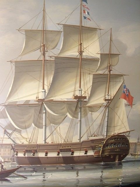 fig 3. A QUALITY SIGNED OIL ON PANEL DEPICTING A BRITISH GALLEON ANCHORED OFF OF VENICE ITALY BY SALVATORE COLACICCO IN PLASTER & GILT FRAME MEASURING 40 X 30 INCHES.