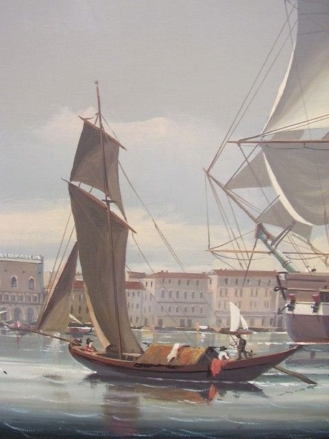 fig 4. A QUALITY SIGNED OIL ON PANEL DEPICTING A BRITISH GALLEON ANCHORED OFF OF VENICE ITALY BY SALVATORE COLACICCO IN PLASTER & GILT FRAME MEASURING 40 X 30 INCHES.