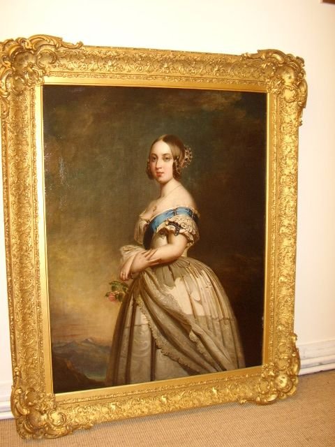 fig 1. 19TH CENTURY OIL PORTRAIT OF QUEEN VICTORIA AFTER STUDIO OF FRANZ ZAVIER WINTERHALTER / ENGLISH SCHOOL CIRCA 1842 37 X 44.5 INCHES (ONE OF A PAIR OFFERED SEPERATLY)