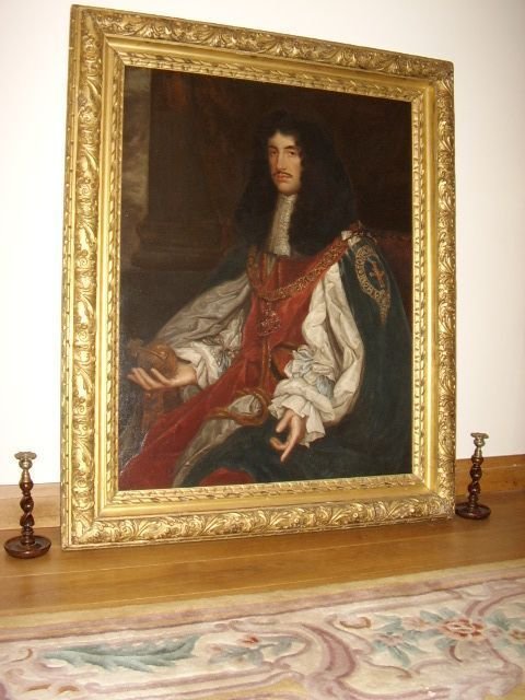 17th Century Oil Portrait of King Charles II B1630-d1685  Studio of John Michael Wright (B.1617-d.1694) English School & Measuring 54.5 X 45.5 Inches in Period Gilt Frame.