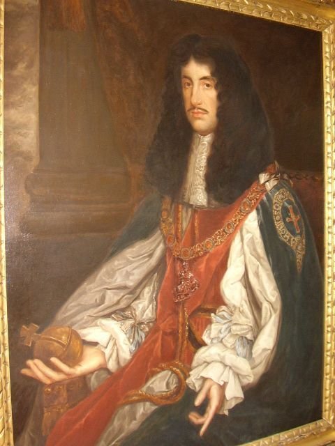 fig 2. 17TH CENTURY OIL PORTRAIT OF KING CHARLES II B1630-D1685  STUDIO OF JOHN MICHAEL WRIGHT (B.1617-D.1694) ENGLISH SCHOOL & MEASURING 54.5 X 45.5 INCHES IN PERIOD GILT FRAME.