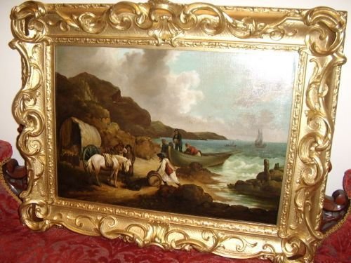 18th Century Seascape Oil Painting Titled Smugglers & Attributed After Studio of George Morland B1763-d1804 in Beautiful Gilt & Gesso Ornate Frame Size: 23.5 X 30.5 Inches