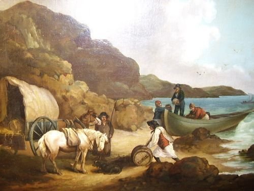 fig 1. 18TH CENTURY SEASCAPE OIL PAINTING TITLED SMUGGLERS & ATTRIBUTED AFTER STUDIO OF GEORGE MORLAND B1763-D1804 IN BEAUTIFUL GILT & GESSO ORNATE FRAME SIZE: 23.5 X 30.5 INCHES