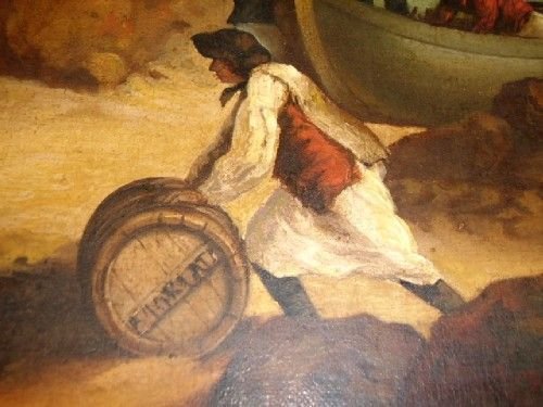 fig 2. 18TH CENTURY SEASCAPE OIL PAINTING TITLED SMUGGLERS & ATTRIBUTED AFTER STUDIO OF GEORGE MORLAND B1763-D1804 IN BEAUTIFUL GILT & GESSO ORNATE FRAME SIZE: 23.5 X 30.5 INCHES