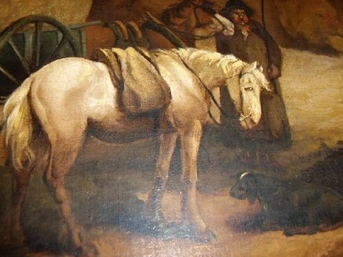fig 3. 18TH CENTURY SEASCAPE OIL PAINTING TITLED SMUGGLERS & ATTRIBUTED AFTER STUDIO OF GEORGE MORLAND B1763-D1804 IN BEAUTIFUL GILT & GESSO ORNATE FRAME SIZE: 23.5 X 30.5 INCHES