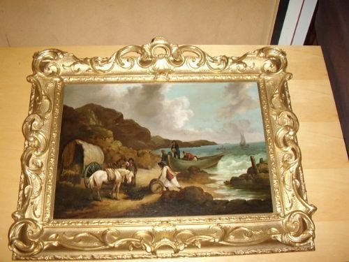 fig 4. 18TH CENTURY SEASCAPE OIL PAINTING TITLED SMUGGLERS & ATTRIBUTED AFTER STUDIO OF GEORGE MORLAND B1763-D1804 IN BEAUTIFUL GILT & GESSO ORNATE FRAME SIZE: 23.5 X 30.5 INCHES