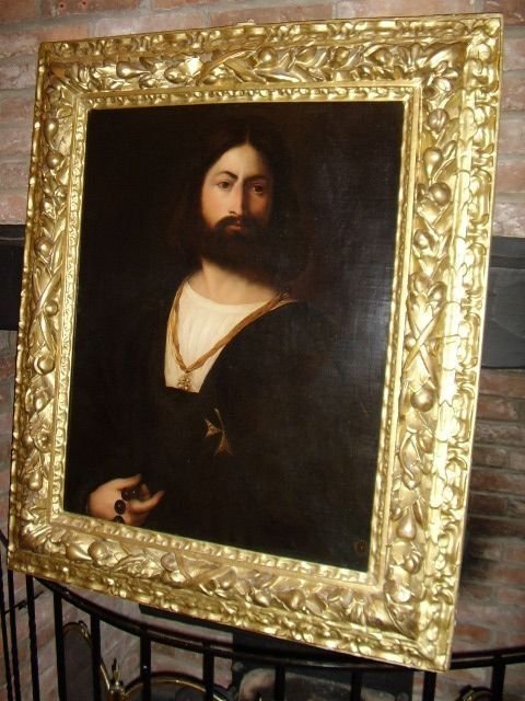 "The Knight of Malta" Italian Venentian Masterpiece by Follower of Titian B1488 - D1576 & in Original Florentine Frame 36 X 42.5  Inches / 19th Century C1836