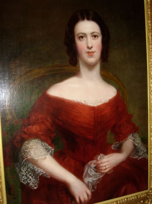 fig 2. STUNNING OIL PORTRAIT OF A GLAMOROUS YOUNG SOCIETY LADY WEARING AN ELEGANT RED DRESS C1820-30 SIZE 48 X 37 INCHES