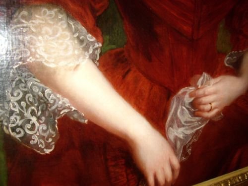 fig 3. STUNNING OIL PORTRAIT OF A GLAMOROUS YOUNG SOCIETY LADY WEARING AN ELEGANT RED DRESS C1820-30 SIZE 48 X 37 INCHES