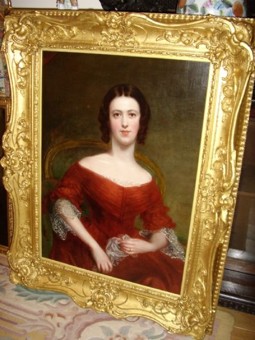 Stunning Oil Portrait of a Glamorous Young Society Lady Wearing an Elegant Red Dress C1820-30 Size 48 X 37 Inches