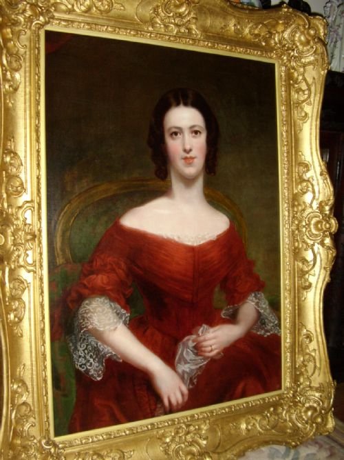 fig 1. STUNNING OIL PORTRAIT OF A GLAMOROUS YOUNG SOCIETY LADY WEARING AN ELEGANT RED DRESS C1820-30 SIZE 48 X 37 INCHES