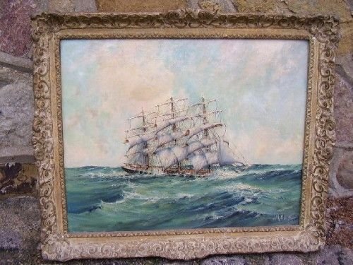 Oil on Board of Tea Clipper in Rough Choppy Seas by Listed Artist J.millington