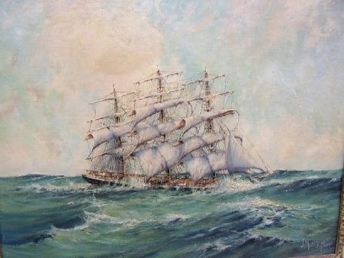 fig 1. OIL ON BOARD OF TEA CLIPPER IN ROUGH CHOPPY SEAS BY LISTED ARTIST J.MILLINGTON