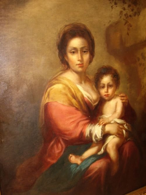 fig 1. LATE 18TH CENTURY OIL ON CANVAS PORTRAIT PAINTING  OF THE  MADONNA & CHILD AFTER ARTISTS ORIGINAL BY BARTOLOME ESTEBAN MURILLO PRESENTED IN ORNATE GILT FRAME EUROPEAN SCHOOL SIZE 26 X 32 INCHES