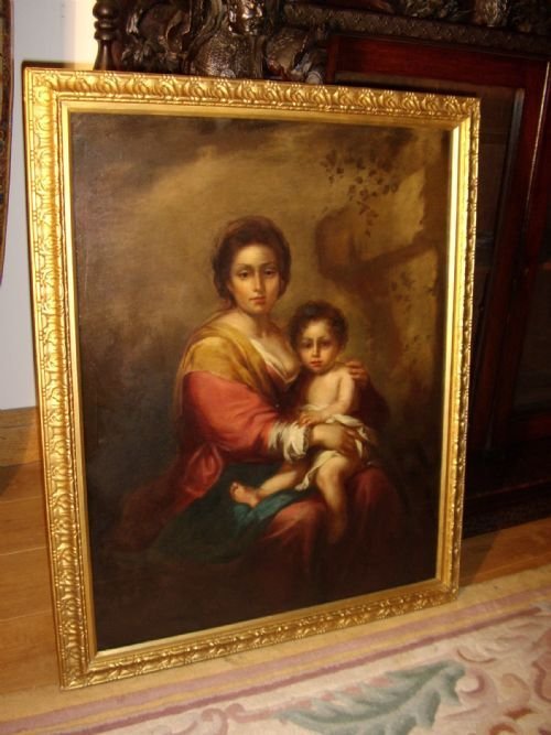 fig 2. LATE 18TH CENTURY OIL ON CANVAS PORTRAIT PAINTING  OF THE  MADONNA & CHILD AFTER ARTISTS ORIGINAL BY BARTOLOME ESTEBAN MURILLO PRESENTED IN ORNATE GILT FRAME EUROPEAN SCHOOL SIZE 26 X 32 INCHES
