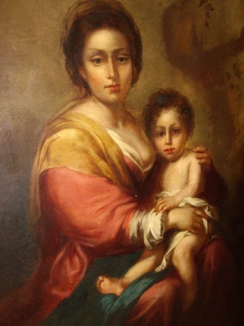 fig 3. LATE 18TH CENTURY OIL ON CANVAS PORTRAIT PAINTING  OF THE  MADONNA & CHILD AFTER ARTISTS ORIGINAL BY BARTOLOME ESTEBAN MURILLO PRESENTED IN ORNATE GILT FRAME EUROPEAN SCHOOL SIZE 26 X 32 INCHES