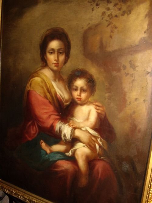 fig 4. LATE 18TH CENTURY OIL ON CANVAS PORTRAIT PAINTING  OF THE  MADONNA & CHILD AFTER ARTISTS ORIGINAL BY BARTOLOME ESTEBAN MURILLO PRESENTED IN ORNATE GILT FRAME EUROPEAN SCHOOL SIZE 26 X 32 INCHES