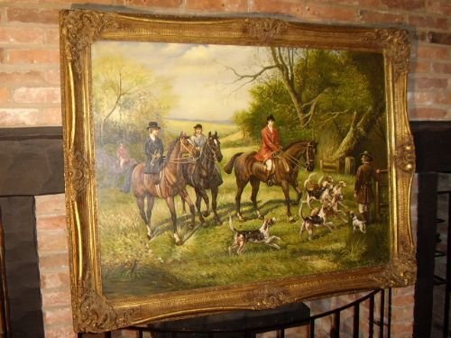 Large Hunting Oil Painting on Canvas with Hounds in Beautiful Gilt Frame Measuring a Massive  4.Ft. 7  X  3.Ft. 7  Inches