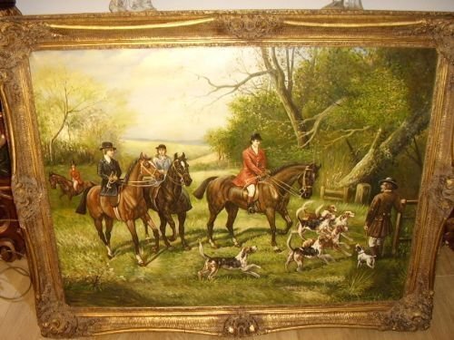 fig 1. LARGE HUNTING OIL PAINTING ON CANVAS WITH HOUNDS IN BEAUTIFUL GILT FRAME MEASURING A MASSIVE  4.FT. 7  X  3.FT. 7  INCHES