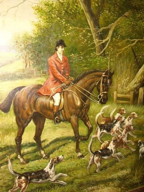 fig 2. LARGE HUNTING OIL PAINTING ON CANVAS WITH HOUNDS IN BEAUTIFUL GILT FRAME MEASURING A MASSIVE  4.FT. 7  X  3.FT. 7  INCHES