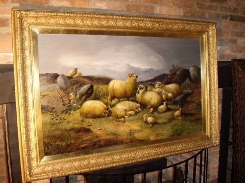 Alfred Morris Landscape Oil Painting of Highland Sheep Grazing /19th Century English School &  5ft. 1"  X  3ft.5" Inches