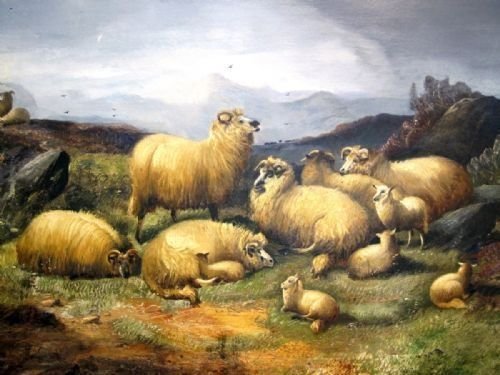 fig 2. ALFRED MORRIS LANDSCAPE OIL PAINTING OF HIGHLAND SHEEP GRAZING /19TH CENTURY ENGLISH SCHOOL & 5FT. 1