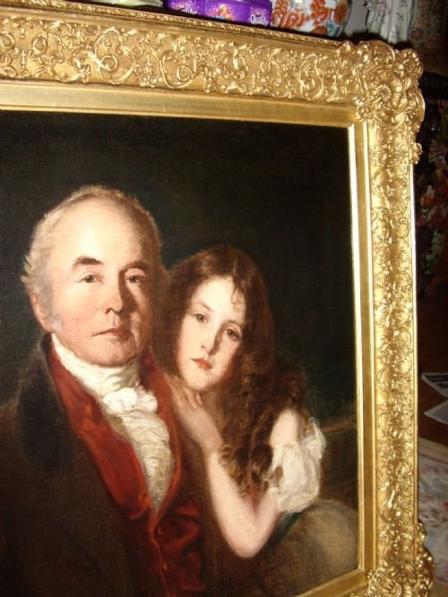 fig 1. WILLIAM GREENWOOD & CYCILL CALMADY HIS GRANDAUGHTER BY ARTIST FREDERICK RICHARD SAY.19TH CENTURY OIL PORTRAIT ENGLISH SCHOOL C1833 COMMISSIONED & INSCRIBED VERSO BY HIS DAUGHTER EMILY GREENWOOD CALMADY 41 X 42 INCHES