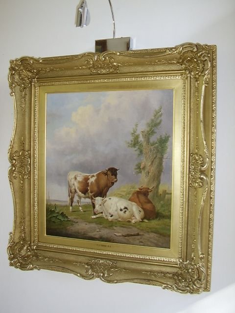 19th Century Oil Painting Signed T. Sidney Cooper / English School C1876 in Original Gilt Frame of a Bull with Cattle Resting in a Landscape 28 X 26 Ins