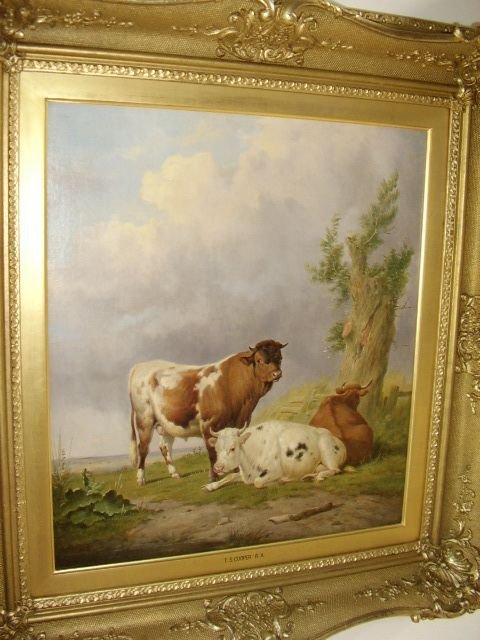 fig 1. 19TH CENTURY OIL PAINTING SIGNED T. SIDNEY COOPER / ENGLISH SCHOOL C1876 IN ORIGINAL GILT FRAME OF A BULL WITH CATTLE RESTING IN A LANDSCAPE 28 X 26 INS