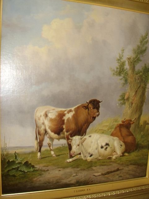 fig 2. 19TH CENTURY OIL PAINTING SIGNED T. SIDNEY COOPER / ENGLISH SCHOOL C1876 IN ORIGINAL GILT FRAME OF A BULL WITH CATTLE RESTING IN A LANDSCAPE 28 X 26 INS