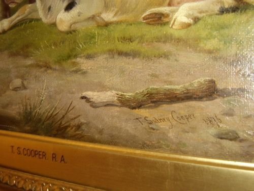 fig 4. 19TH CENTURY OIL PAINTING SIGNED T. SIDNEY COOPER / ENGLISH SCHOOL C1876 IN ORIGINAL GILT FRAME OF A BULL WITH CATTLE RESTING IN A LANDSCAPE 28 X 26 INS