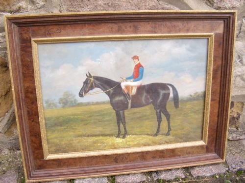 Sporting Oil on Canvas of Mounted Jockey in Full Racing Colours & Presented in Burr-walnut Frame
under Glass 20.5 X 15.5 Inches
