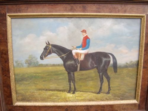fig 1. SPORTING OIL ON CANVAS OF MOUNTED JOCKEY IN FULL RACING COLOURS & PRESENTED IN BURR-WALNUT FRAME
UNDER GLASS 20.5 X 15.5 INCHES