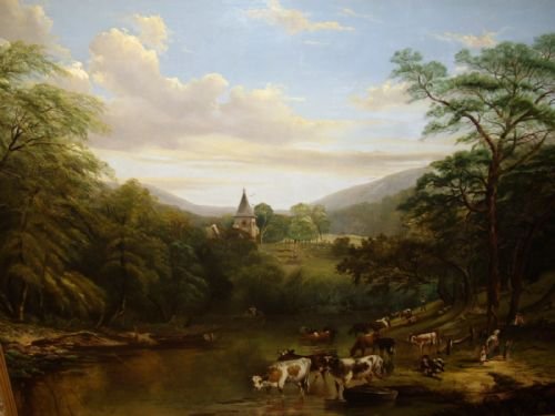 fig 1. EARLY 19thc OIL PAINTING BY THOMAS PRITT ENGLISH SCHOOL OF CATTLE WATERING 50 X 61 INS