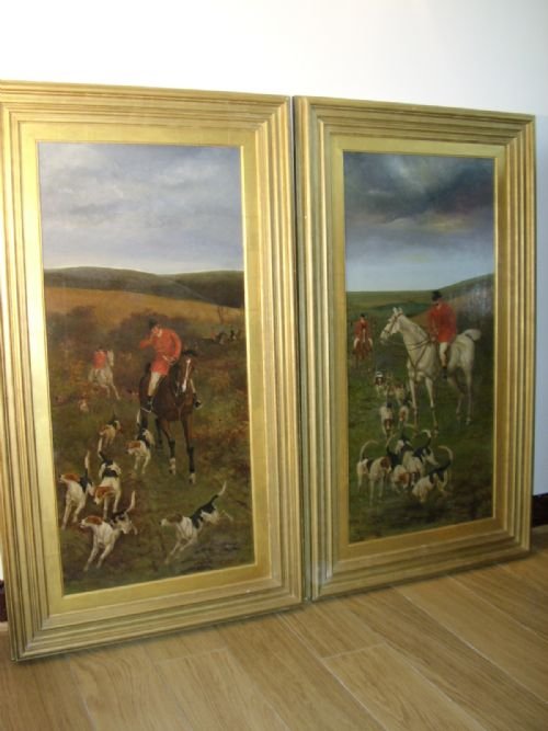 19th Century Hunt & Hounds in Progress / Oil on Canvas Signed James Cecil Benett C1882 25.5 X 44.5 Inches