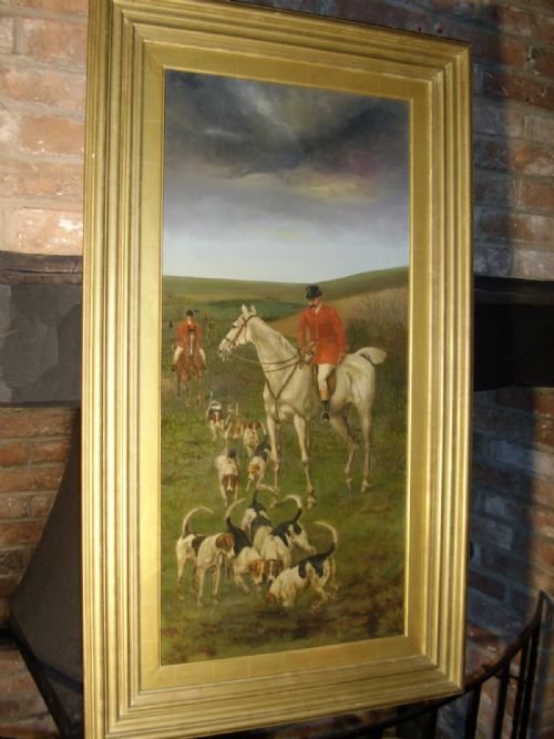 fig 1. 19TH CENTURY HUNT & HOUNDS IN PROGRESS / OIL ON CANVAS SIGNED JAMES CECIL BENETT C1882 25.5 X 44.5 INCHES