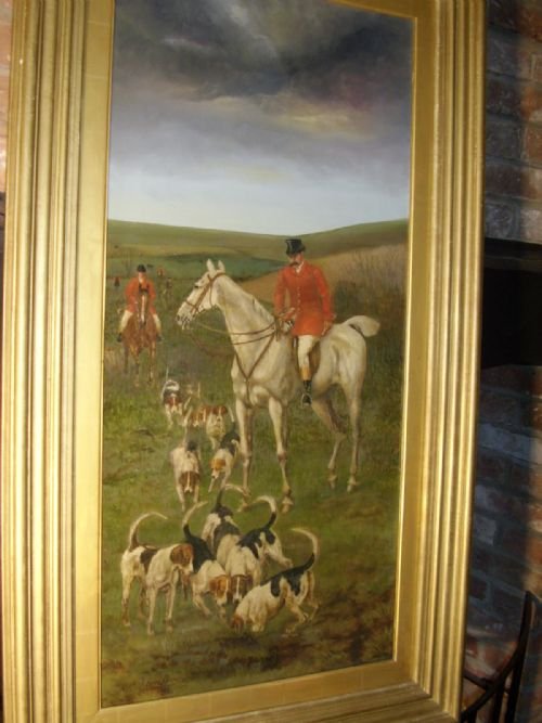 fig 2. 19TH CENTURY HUNT & HOUNDS IN PROGRESS / OIL ON CANVAS SIGNED JAMES CECIL BENETT C1882 25.5 X 44.5 INCHES