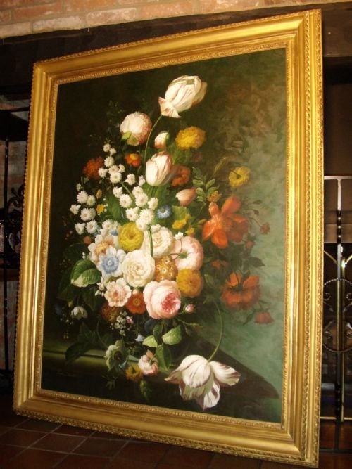 fig 3. HUGE FLOWER STILL LIFE OIL PAINTING BY SOUGHT AFTER ARTIST THOMAS WEBSTER BEAUTIFULLY PRESENTED IN AN EXPENSIVE ANTIQUE GILT FRAME & MEASURING 48 X 59 INCHES OVERALL